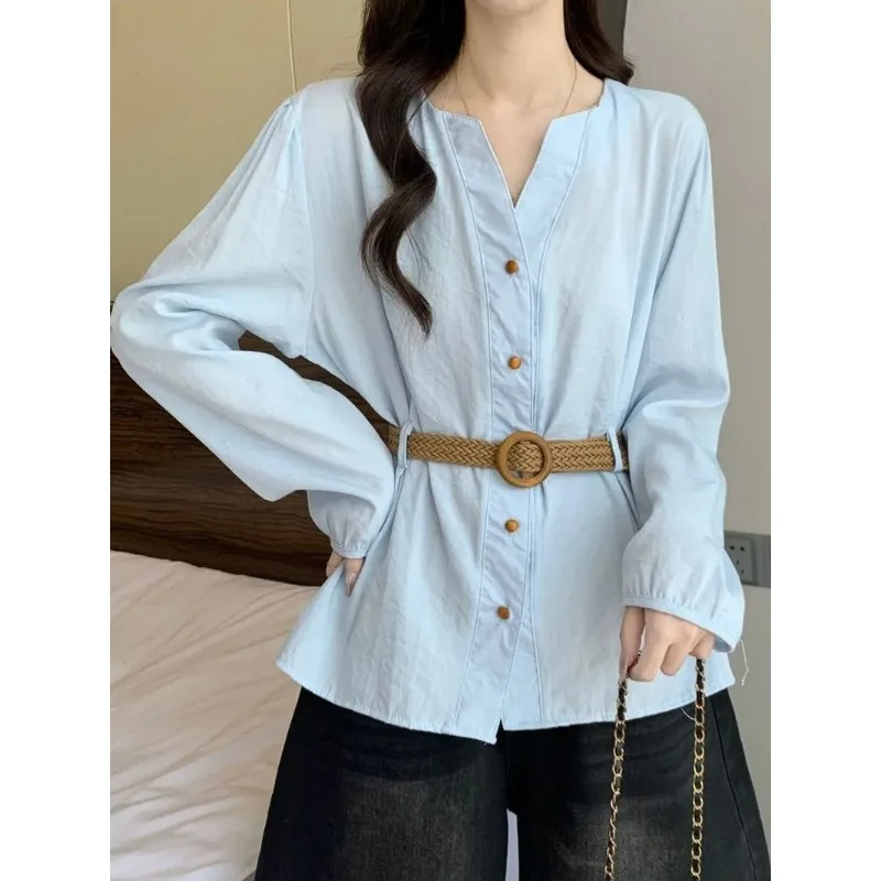 French Style Light Blue Long-sleeved Shirt for Women Autumn New Versatile Waist Top