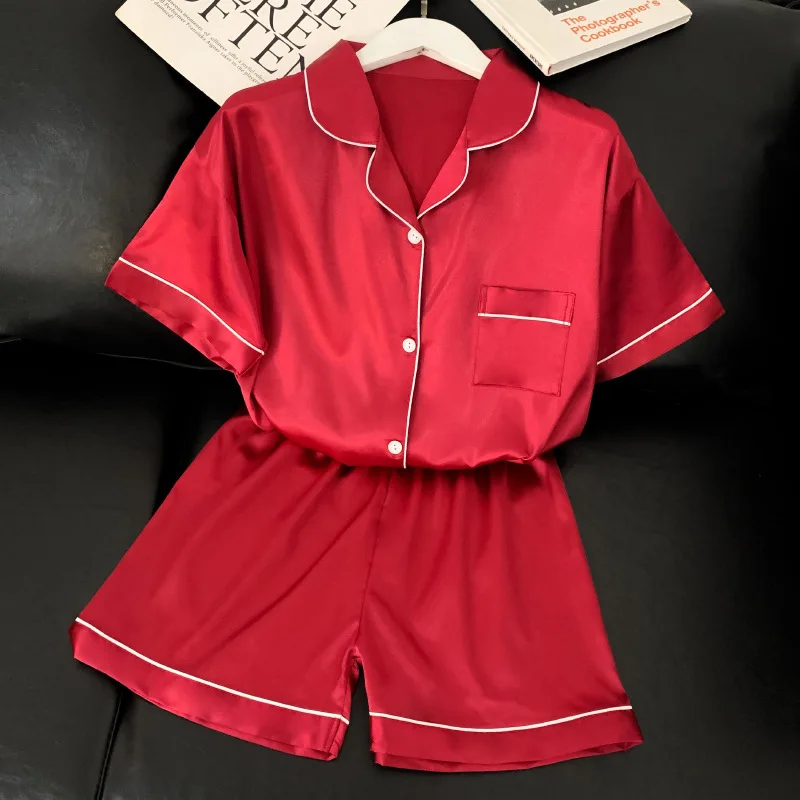 Conjunto de pijama cetim de seda gelo feminino, shorts manga curta, alto grau, liso, vermelho, doce lar, verão