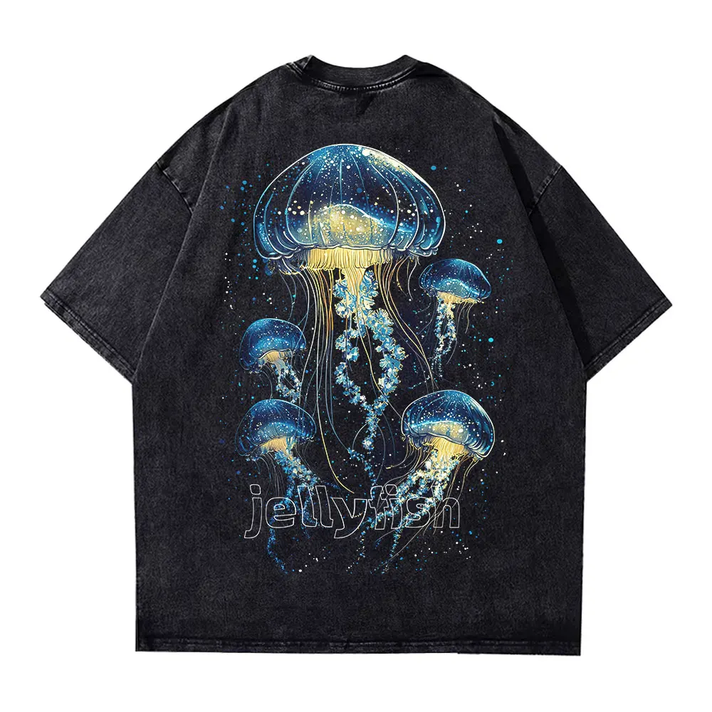 Swimming Colorful Jellyfish Washed Print Mens Short Sleeve Japanese Harajuku O-Neck Tops All-math Vintage Man Cotton T-Shirts