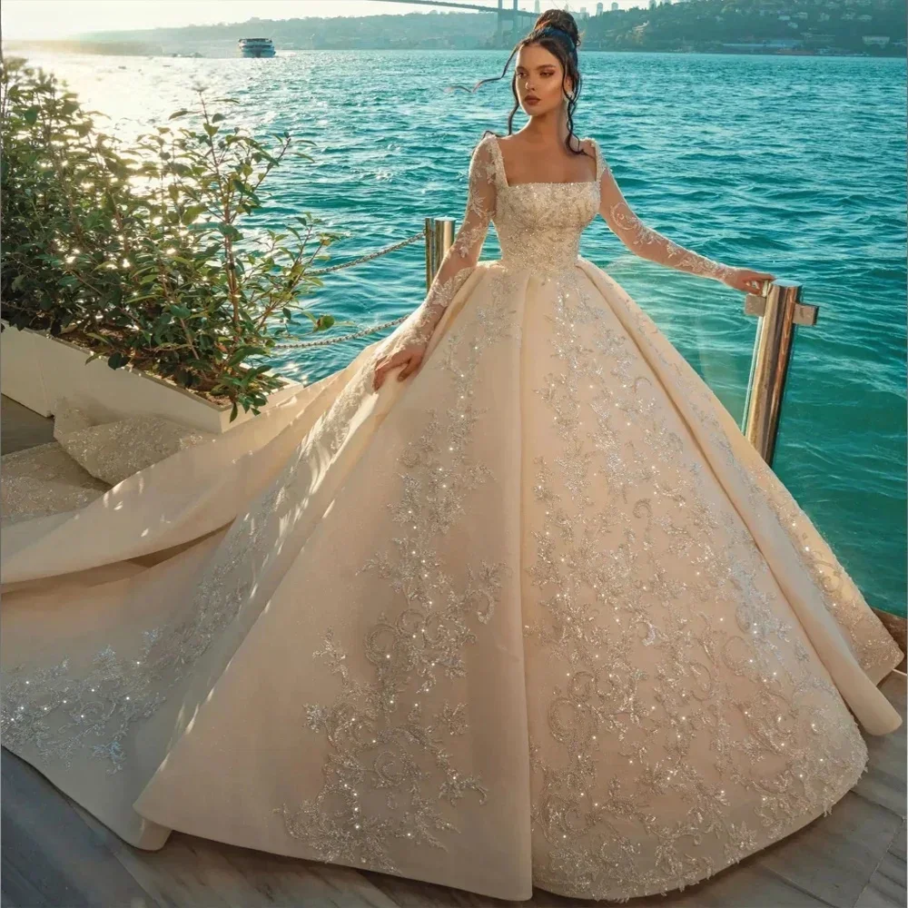 

Customized Satin Square Collar Ball Gown Wedding Dresses Full Sleeves Beading Appliques Long Bride Robe Vestido De Noiva
