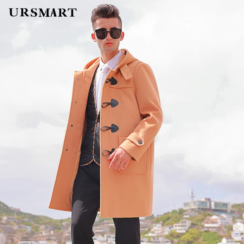 Men's Hooded Wool Coat with Horn Buttons  College Style Korean Winter Fashion Thickened Camel Coat