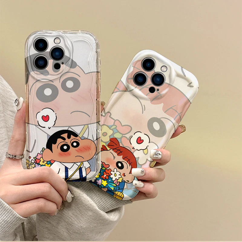 Lovely C-Crayon Shin-chan Cartoon Wave Phone Case for iPhone 16 15 14 ProMax 13 12 11 8 7 Plus X XR XS Max Shockproof Back Cover