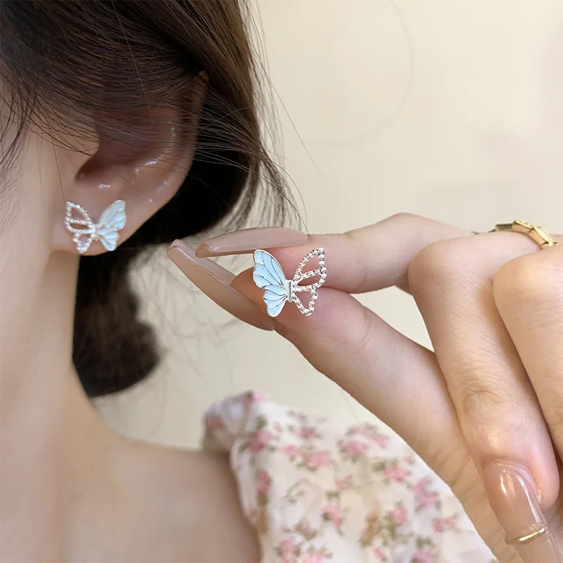 

Green Hollow Butterfly Stud Earrings For Women Exquisite Enamel 925 Silver Needle Ear Piercing Body Jewelry Girls Birthday Gift