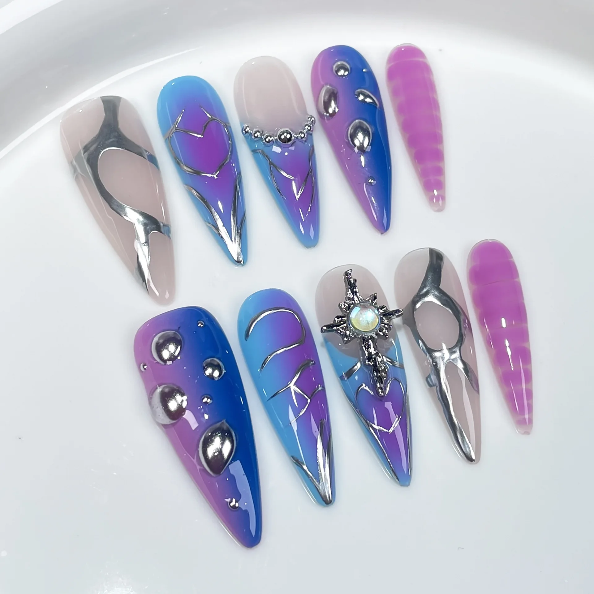 10 Stück lange Mandel handgemachte Presse auf Nägeln volle Abdeckung allmähliche Brillanz Design Französisch falsche Nägel Maniküre Nagels pitzen Gewürz Mädchen