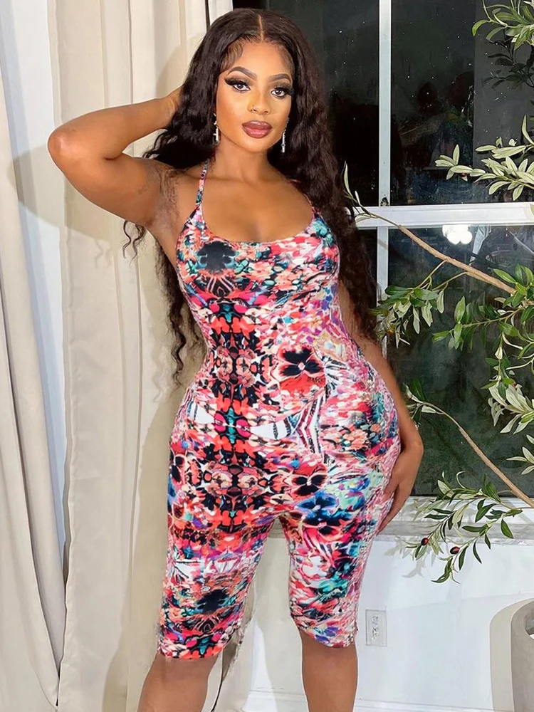 

Weird Puss Colorful Print Jumpsuits Women Halter Low-Neck Backless Sleeveless Skinny Stretch Wrap Hip Midnight Hiptser Rompers