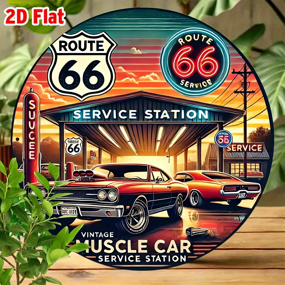 2D Flat, 2D Flat 1pc, Round Room Decor Route 66 Vintage Muscle Car Service Station Metal Tin Sign, 8x8inch (20x20cm), Retro Alum