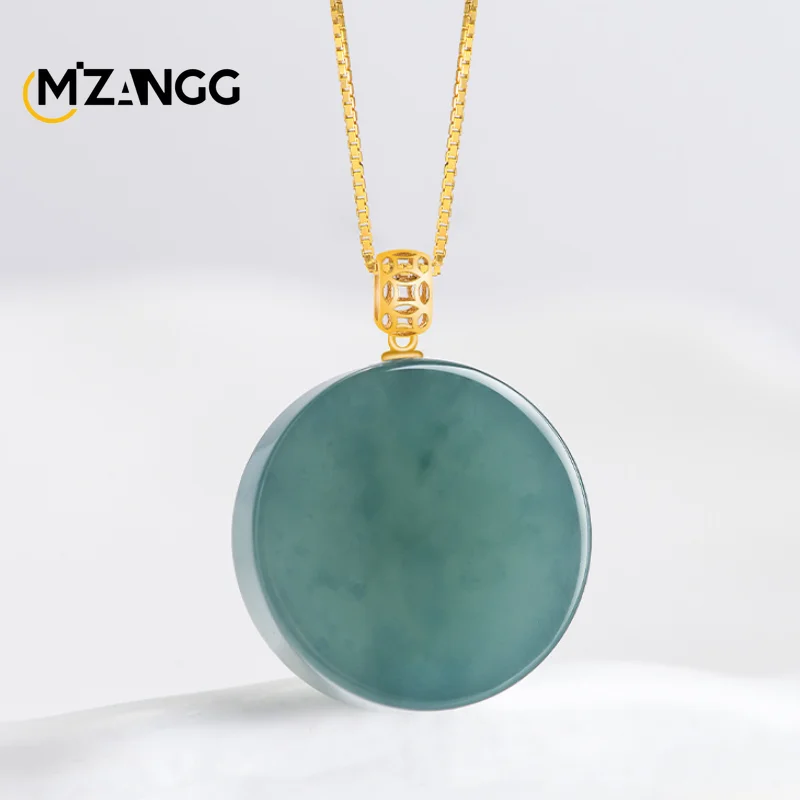 Natural A-goods Jadeite Blue Water Small Round Pendant 18K Gold Buckle Simple Luxury Ice Jade Necklace Ladies Gift