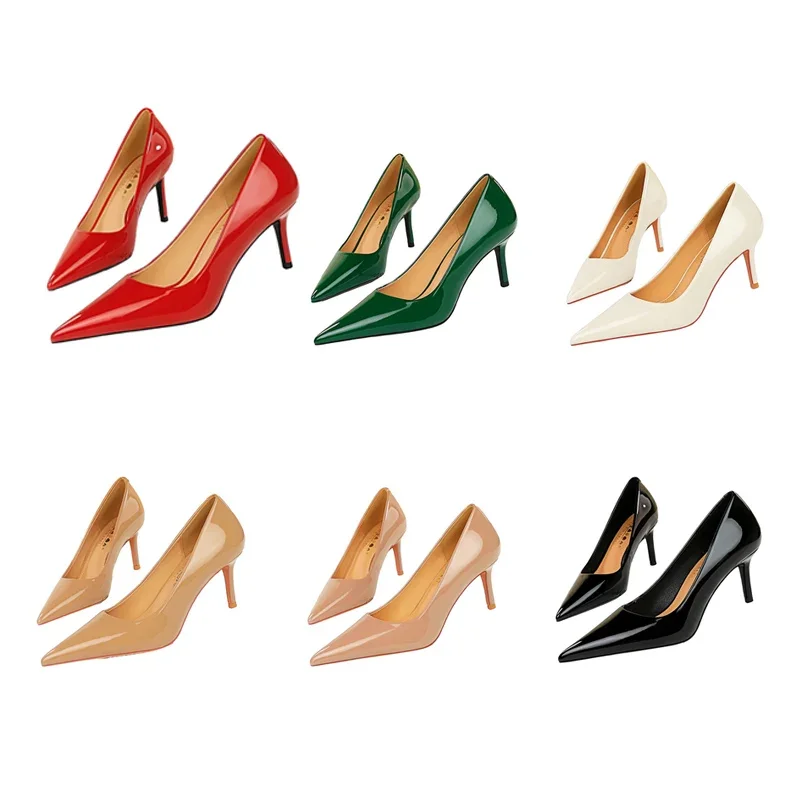 Women Fashion Simplicity Pointed Toe 7cm Thin High Heels Career Pumps Temperament Glossy Patent Leather Lady Shoes Green Camel