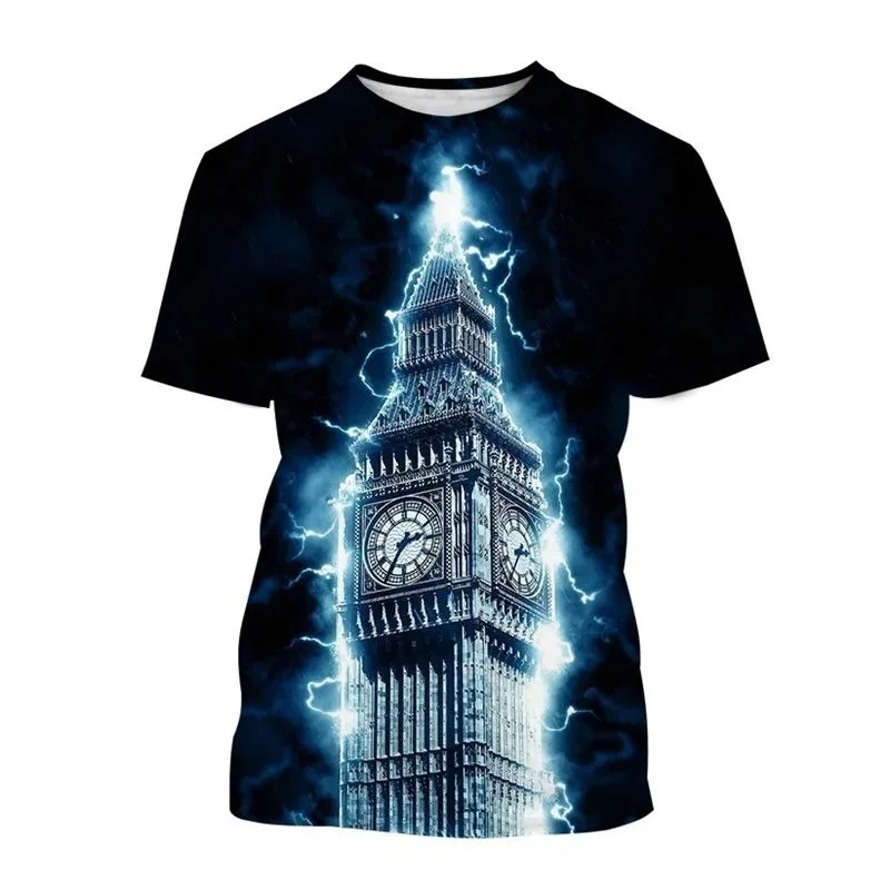 2024 New Fashion British London Big Ben Printed Short-sleeved T Shirt Men and Women Casual Clock Tower Building Streetwear Top