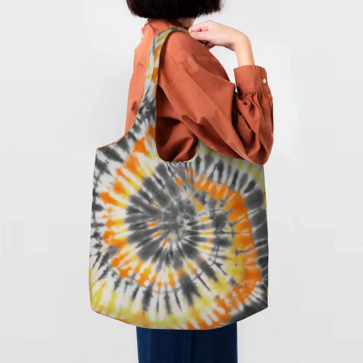 Custom Tie Dye Grey Orange And Yellow Shopping Canvas Bags Women Washable Big Capacity Groceries Dyeing Art Shopper Tote Bags