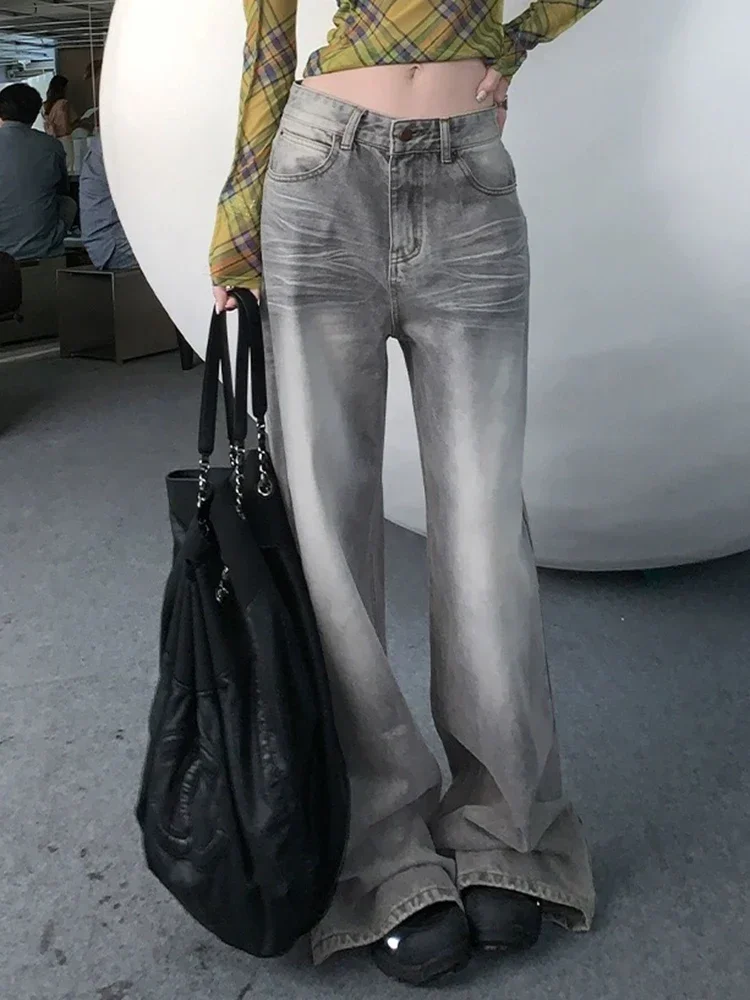 

American Classic Full Length Loose Casual Straight Female Y2K Jeans Summer New Chic Washed Distressed Fashion Simple Women Jeans