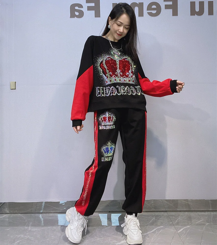 Sequins Crown Patchwork Oversized Pant Sets Woman Outfis 2025 Autum Japanese Korean Fashion Pullover Sweatershirts Matching Sets