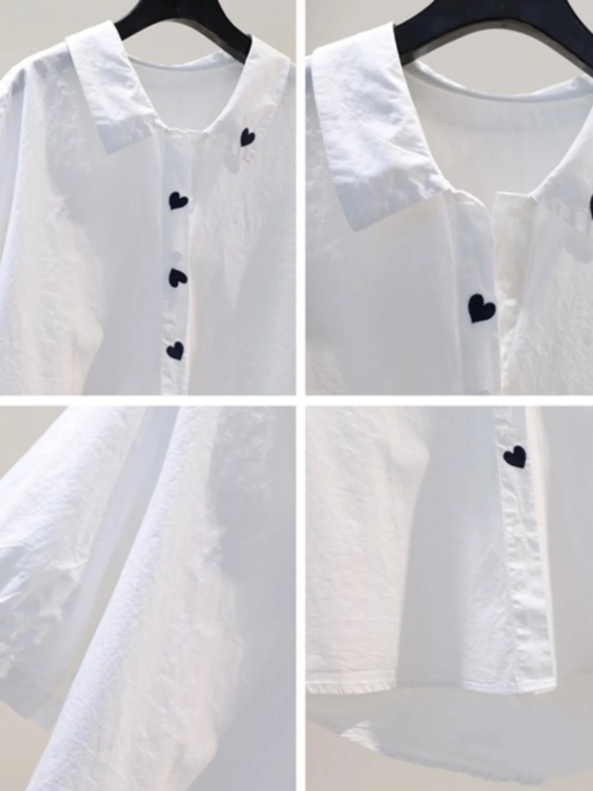 

White Cotton ort Sve irt Women's Summer Top Buttons Embroidered Collar Single Piece Faion Sun Protection Clothing