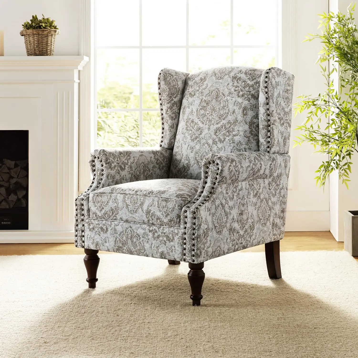 Wingback Accent Chair Floral Pattern Fabric Armchair Nailhead Trim Retro Wooden Legs Beige, Customized