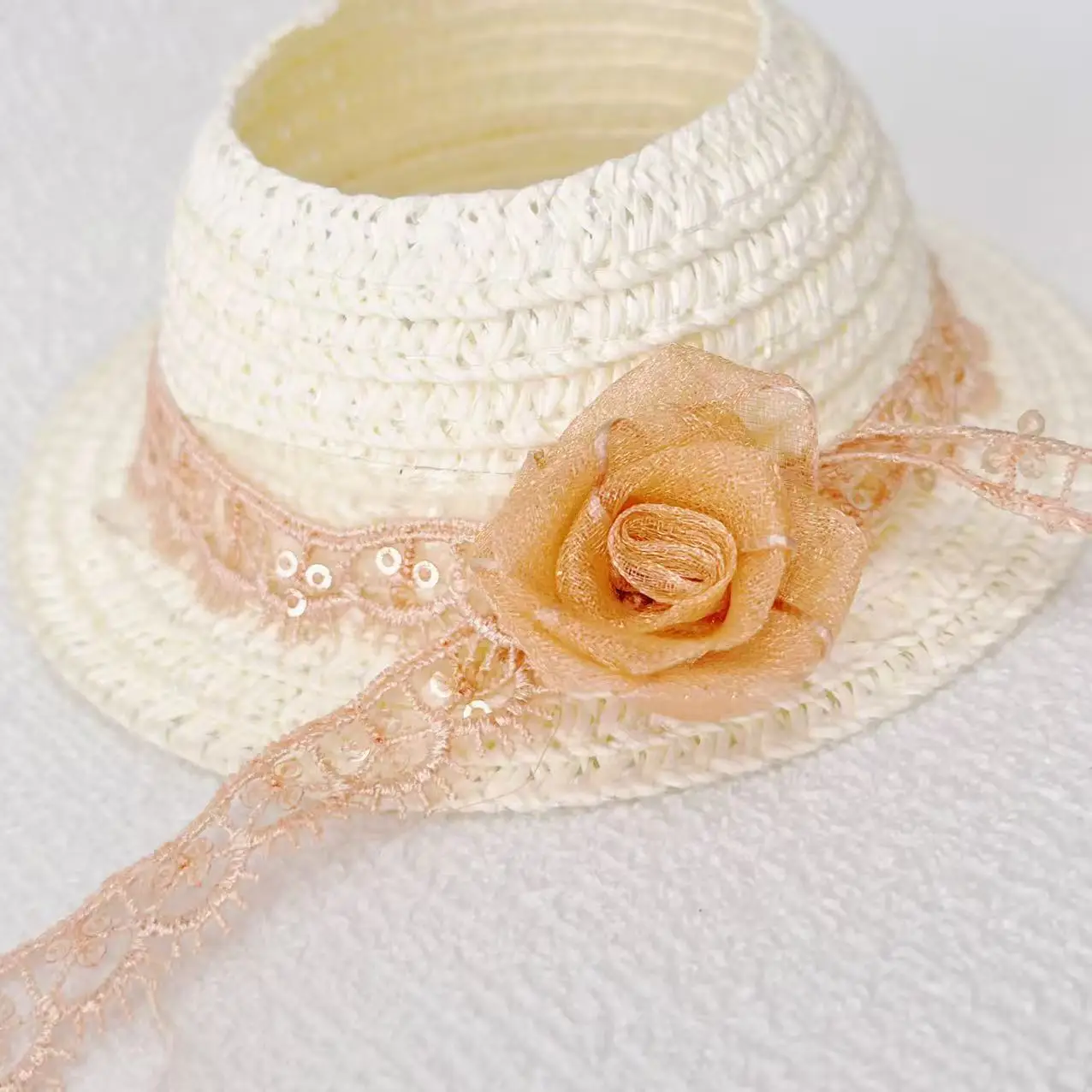 

Hat for 15cm/17cm 1st - 3rd Gen LABUBU Dolls Rose Gold With Light Orange Flowers And Lace Ribbon Open - Top Design