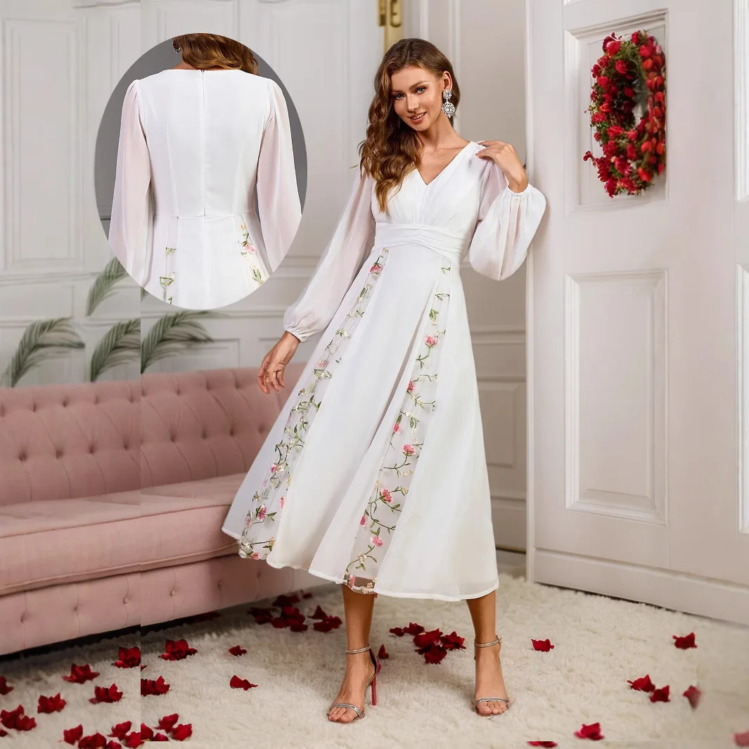 

New White Fluffy Skirt Versatile V-neck Lantern Sleeves Mid Length Skirt Banquet Wedding Bride Gift Party Islam Elegant