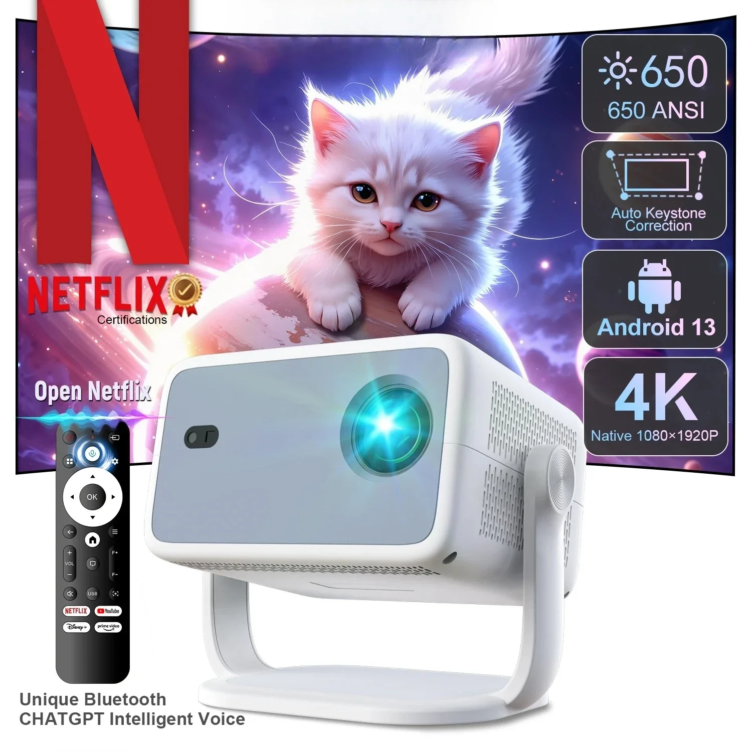 

TP350 Netflix Certification Projector 4K Android 13 Native Wifi6 BT5.2 1080P 650ANSI Portable Projector Auto Keystone Correction