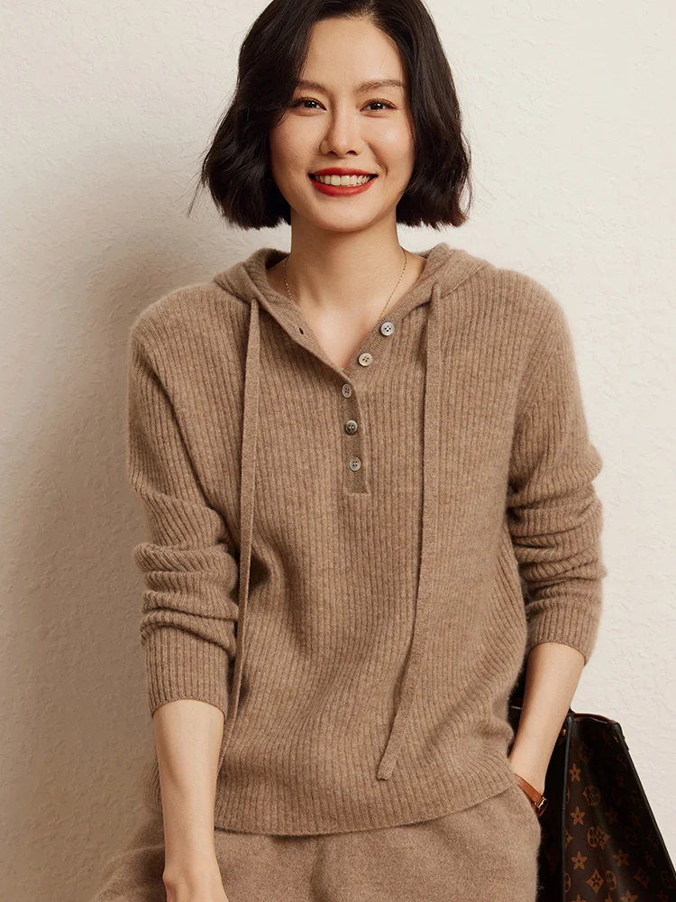 

New Fashion Casual Women's Clothing Autumn Winter Hooded Pullover 100% Cashmere Knitted Sweater Office Lady High Quality Tops