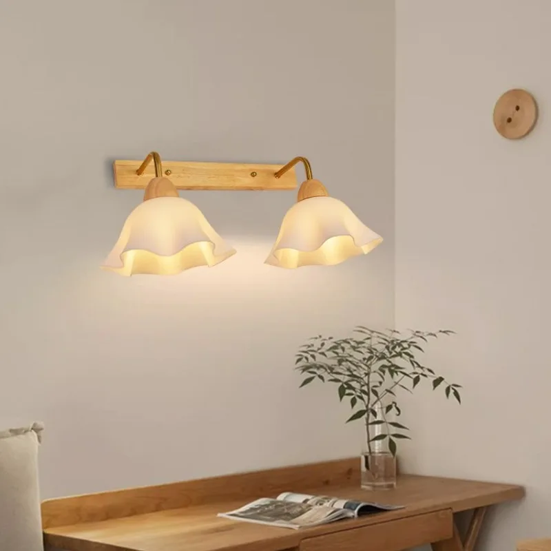 Japanese Rustic Wooden Ceiling Light Warm Frosted Glass Bathroom Mirror Headlight Aisle Bedroom Restaurant LED Ceiling Lamp