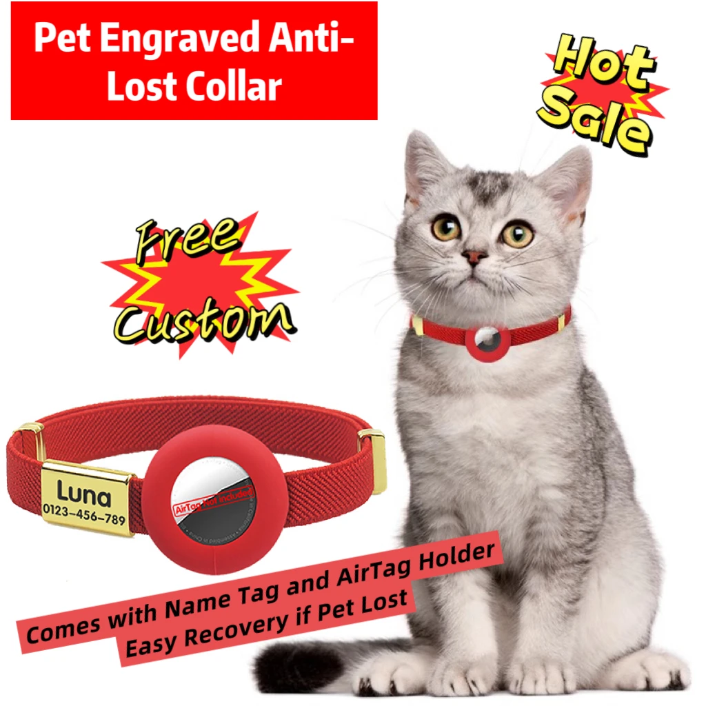 

Cute Breakaway Cat Collar with Customized Name Tag Elastic GPS Tracker Kitten Collar with Air Tag Holder Adjustable Pets Collars