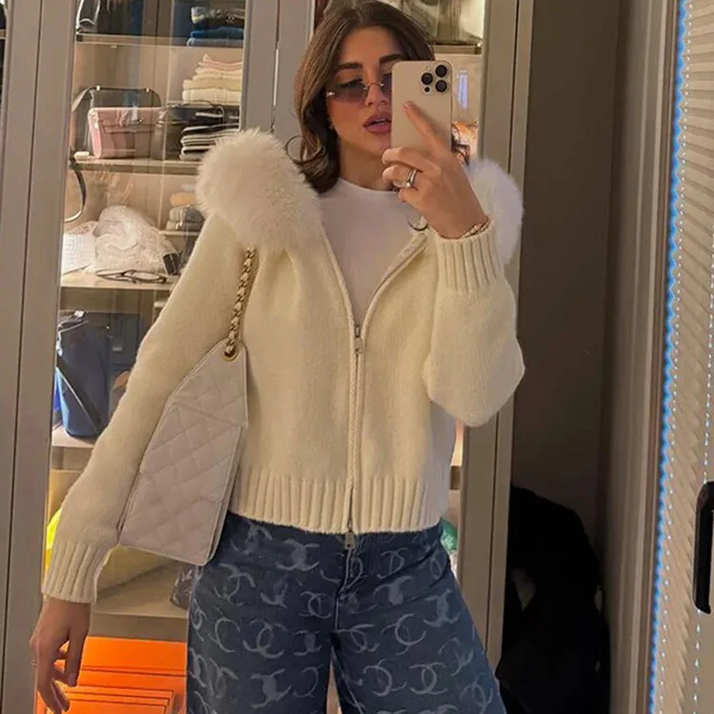 Cardigan lavorato a maglia da donna con cappuccio colletto in pelliccia sintetica giacca casual con cerniera polsini a costine cappotto ampio Lady autunno inverno capispalla da strada