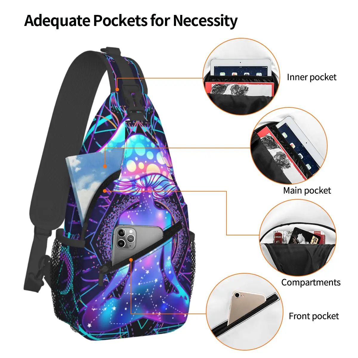 Magic Mushrooms Psychedelic Pattern Chest Bag Men Sling Crossbody Backpack Chest Bag Travel Hiking Daypack Shoulder Bag