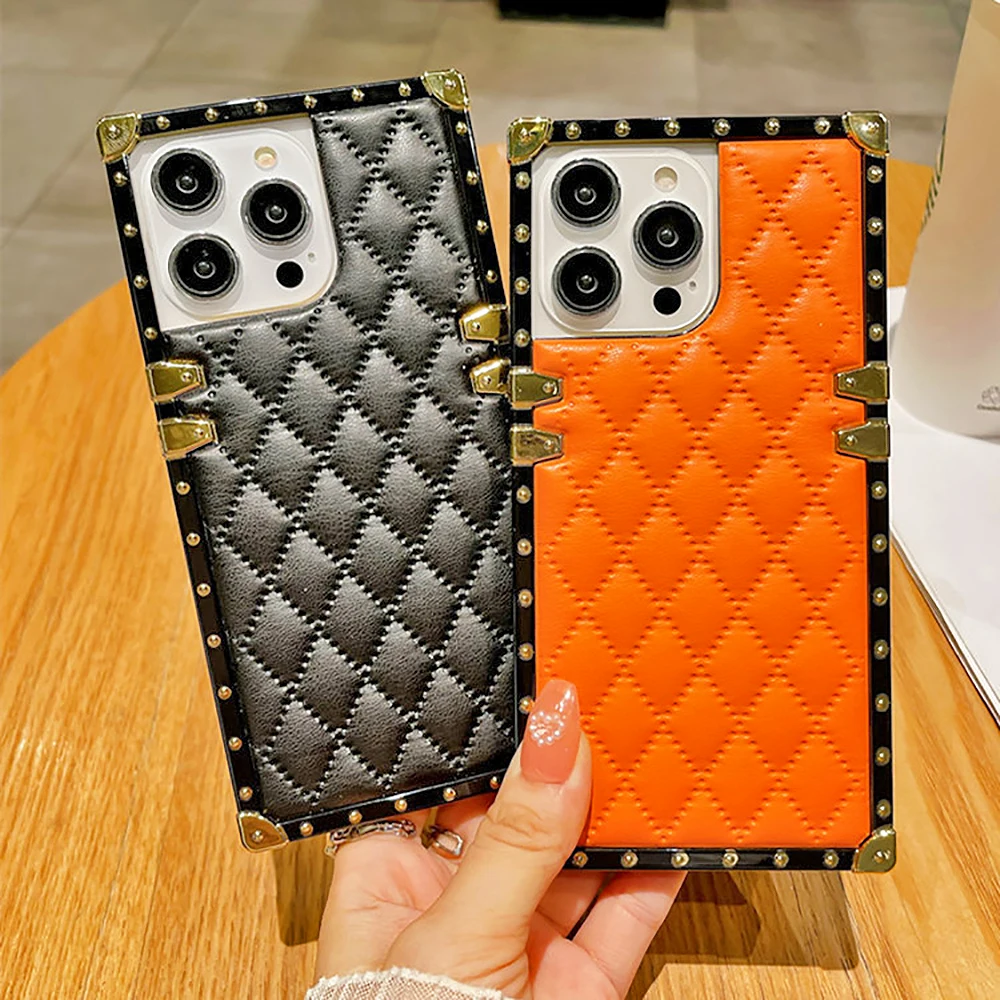 Leather Rhombic Lattice Square Phone Case For Samsung Galaxy S23 S22 S21 Plus Ultra S20FE Note20 10 Pro Metal Protect Back Cover image 5
