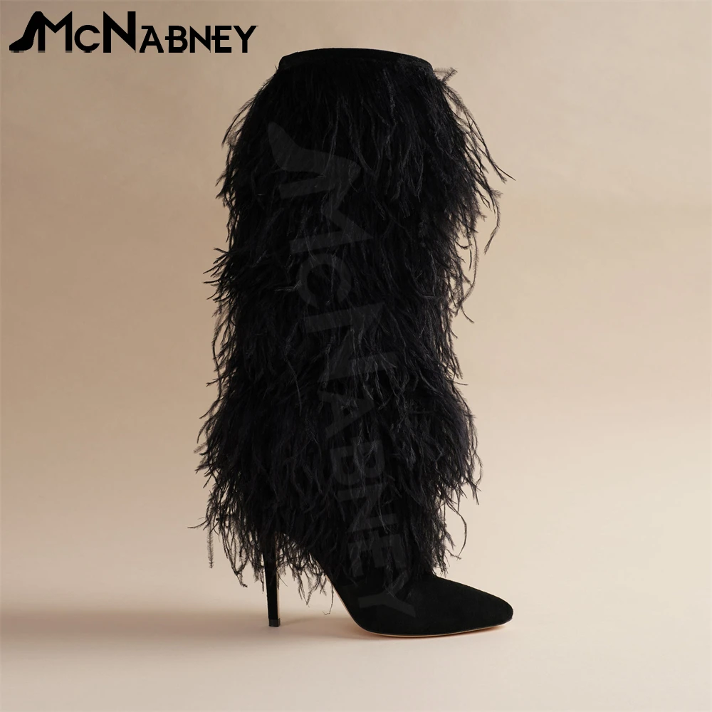 Ostrich Feather Knee-High Boots Luxury Designer Handmade Boots Fur Suede Warm Stiletto Boots Pointed Toe Fashion Modern Boots