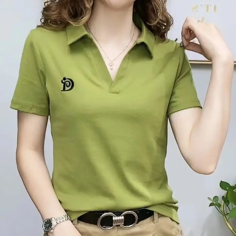 Polo T Shirt for Women Short Sleeve New Summer V-neck Letter Pullover Knitted Tees Female Clothing Plus Size Ladies Tops Polo T Shirt for Women Short Sleeve New Summer V-neck Letter Pullover Knitted Tees Female Clothing Plus Size Ladies Tops