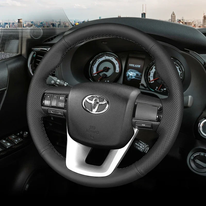 

DIY Hand Sewing Stitching Black Leather Car Steering Wheel Cover For Toyota Fortuner