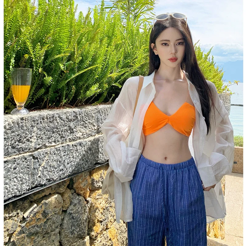 Beach Vacation Style Casual Loose White Sun Protection Shirt Orange Bikini Top Three Piece Set Polyester Fiber High Waist Wid...