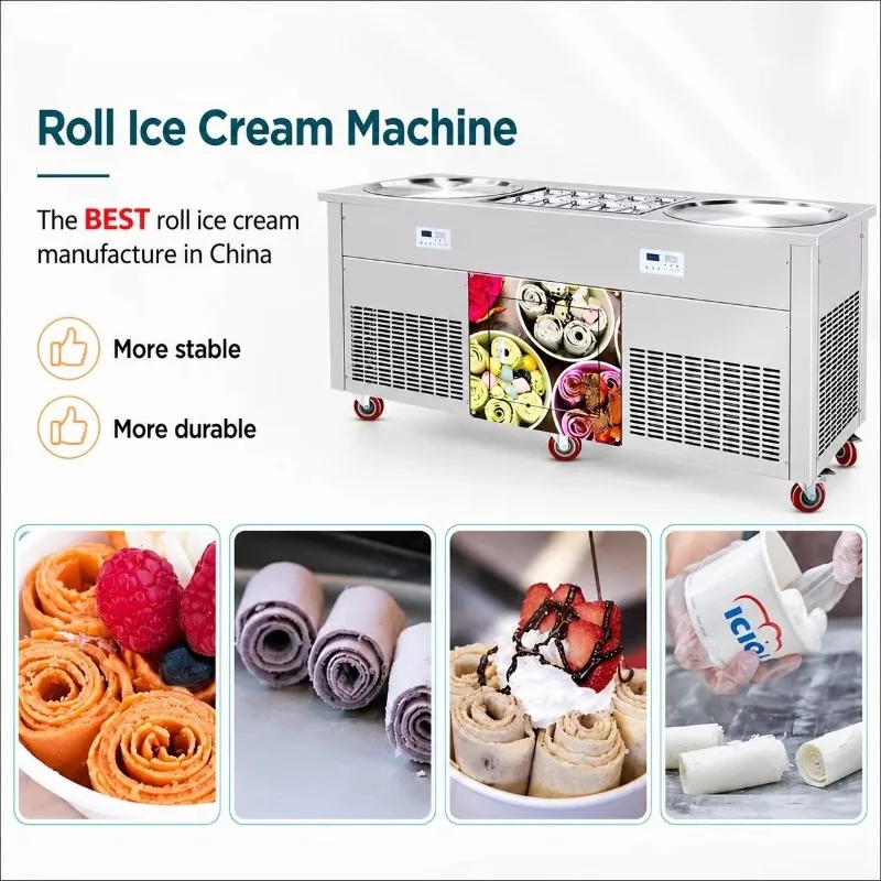 Double Round Pans Thailand Stir Fried Ice Cream Roll Machine With 2 Stainless Steel Scrapers Customized