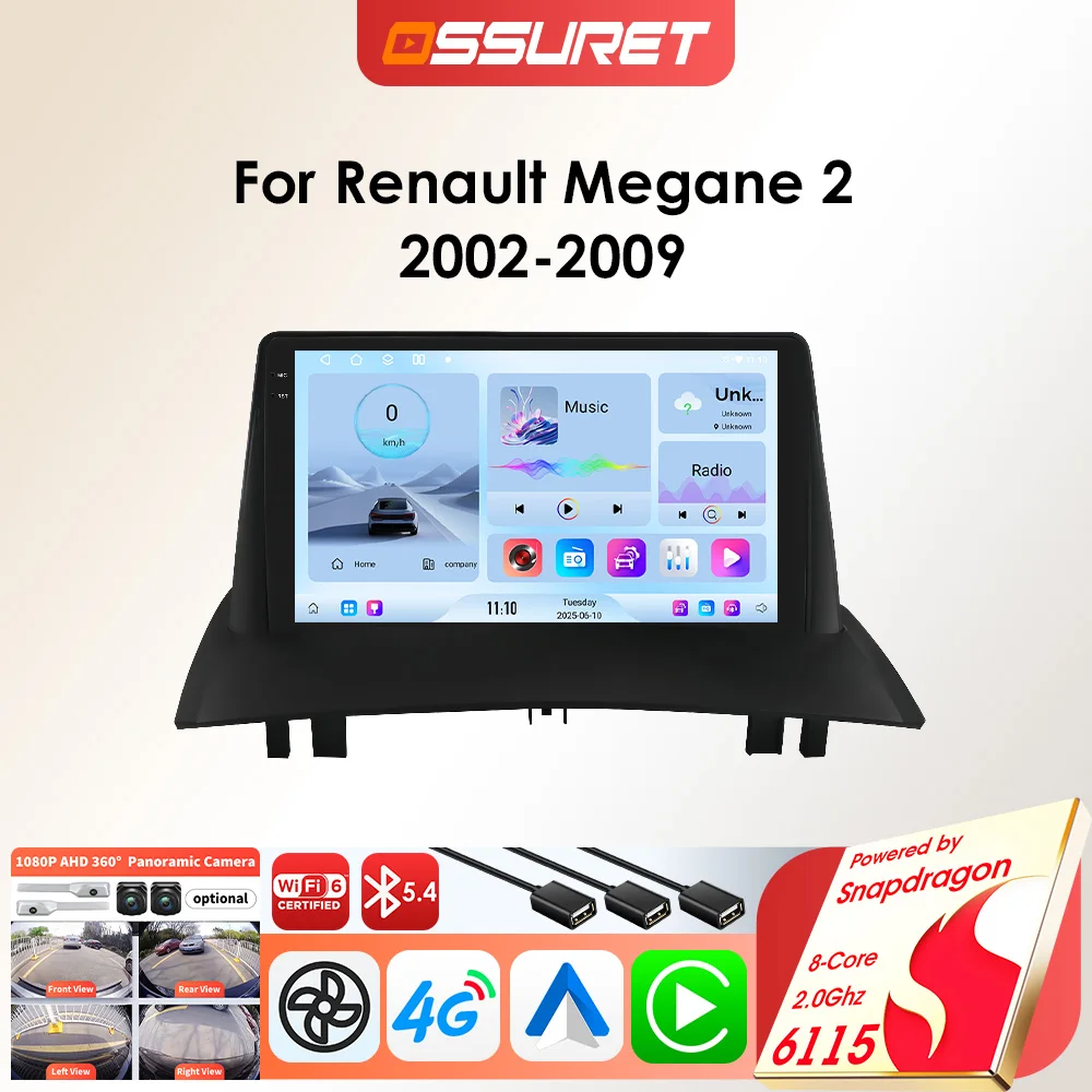 OSSURET Lettore autoradio Android per Renault Megane 2 II 2002-2009 Carplay Auto GPS 2DIN 8core Multimedia per auto di Snapdragon 6115