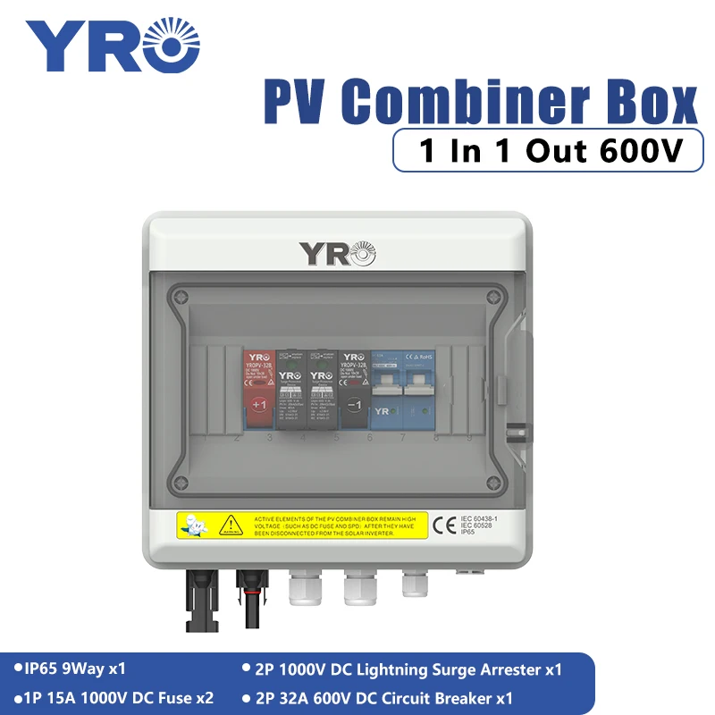 PV Combiner Box 1 input 1 output DC600V Solar Photovoltaic With Lightning Protection Fuse MCB SPD Waterproof Box IP65 9ways