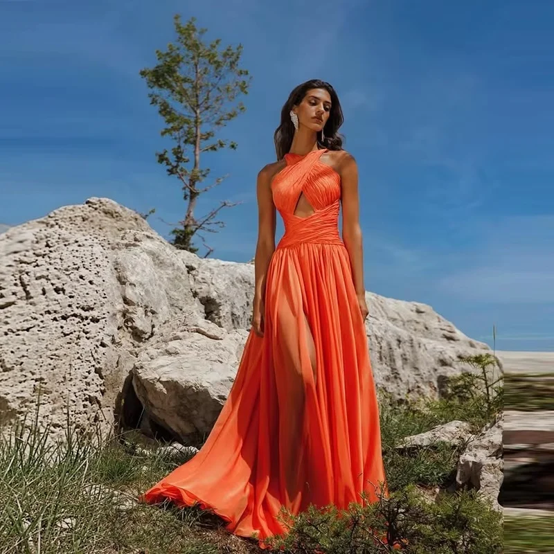 Women Halter Sleeveless Chiffon Evening Gown Orange Ruched Bodice High Split A-Line Floor-Length Back Zipper Prom Dresses