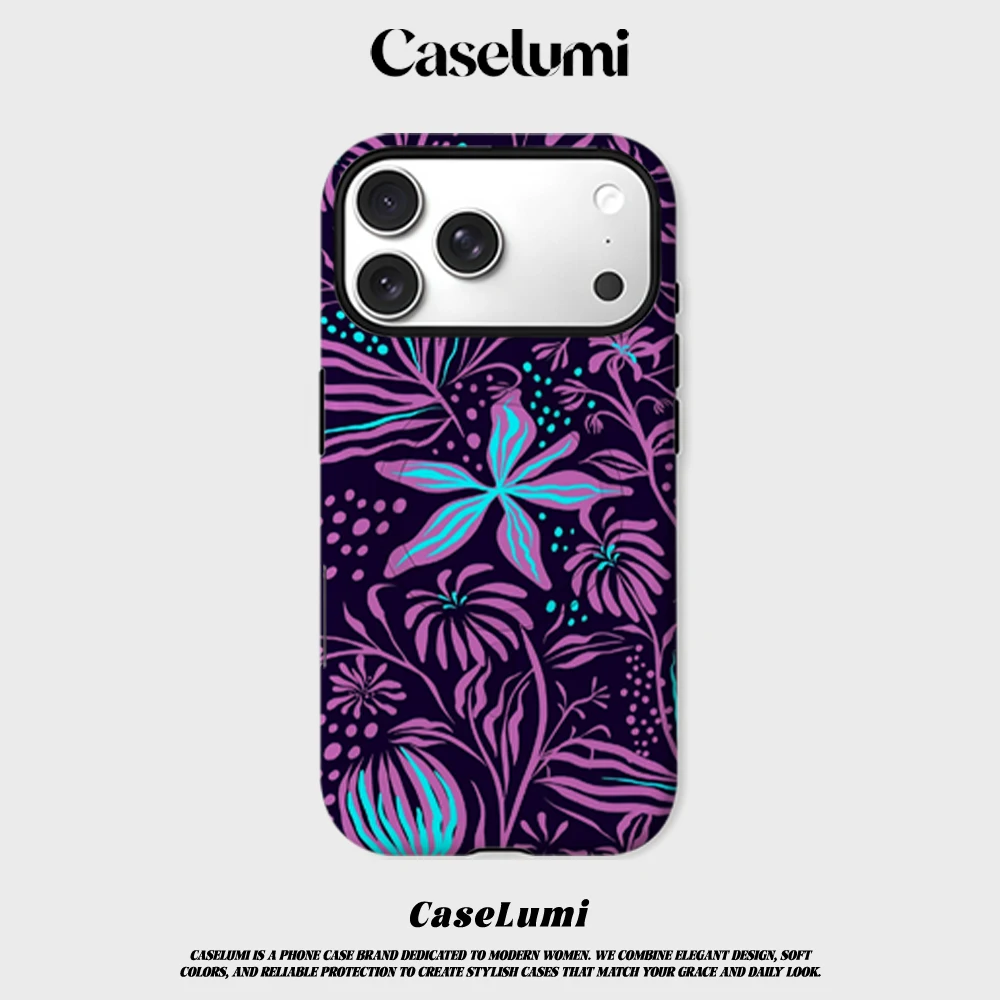 Funda CaseLumi Mate con Bumper para Magsafe, Compatible con iPhone 17, 16, 15, 14 Plus, 13 Pro Max, Resistente a Impactos, Carcasa Rígida de PC, Diseño Neon Flora Nocturno