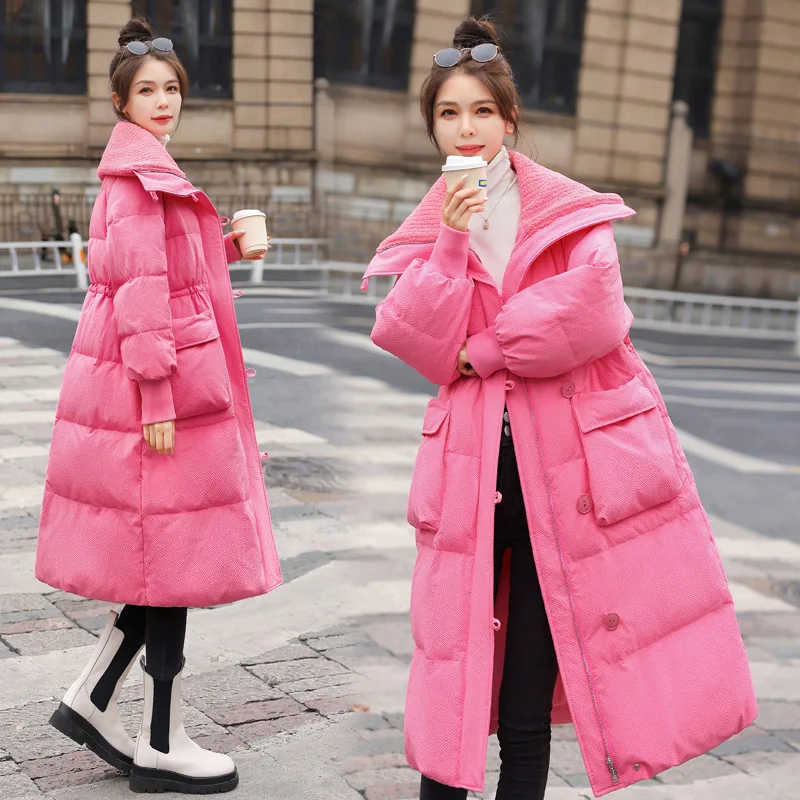 Oversize Winter Parkas Women Coat 2023 Korean Fashion Long Sleeve Hooded Jacket Belt Pockets Thickened Warmer Outerwear