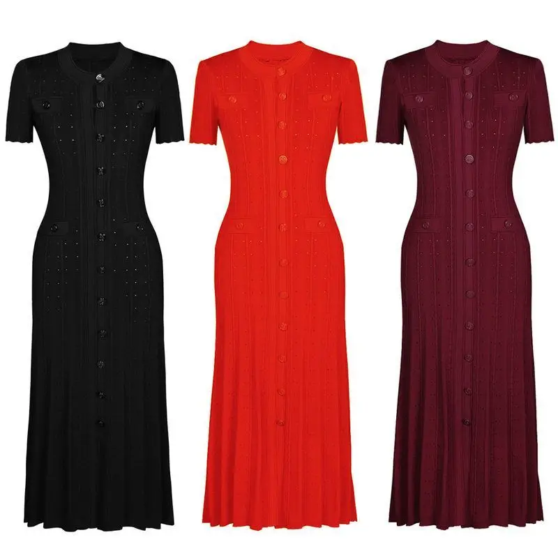 

High Quality Women's Fashion Knitted Short Sleeve Slim Fit round Neck Dress Spring Summer New Arrival Elegant Lady Style Midi...