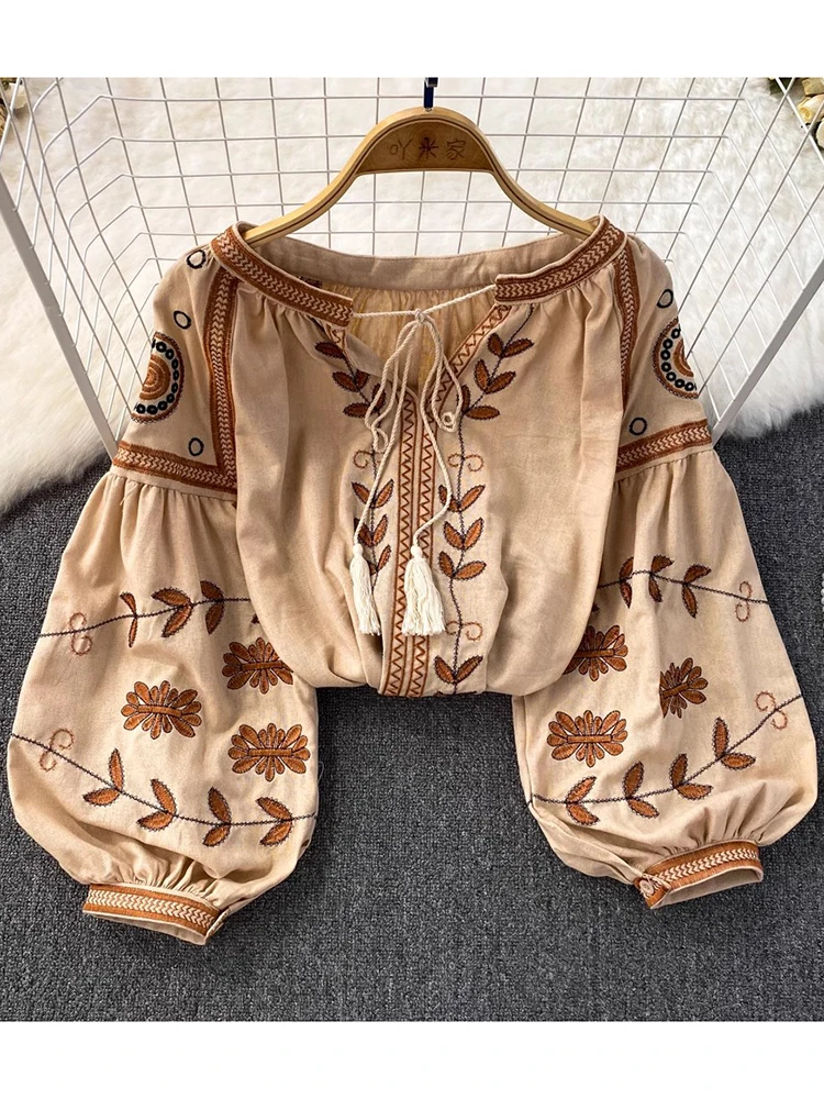 Women Spring Blouse Vintage Ethnic Style Long Sleeve Round Neck Loose Embroidered Cotton Linen Pullover Shirt Casual Top