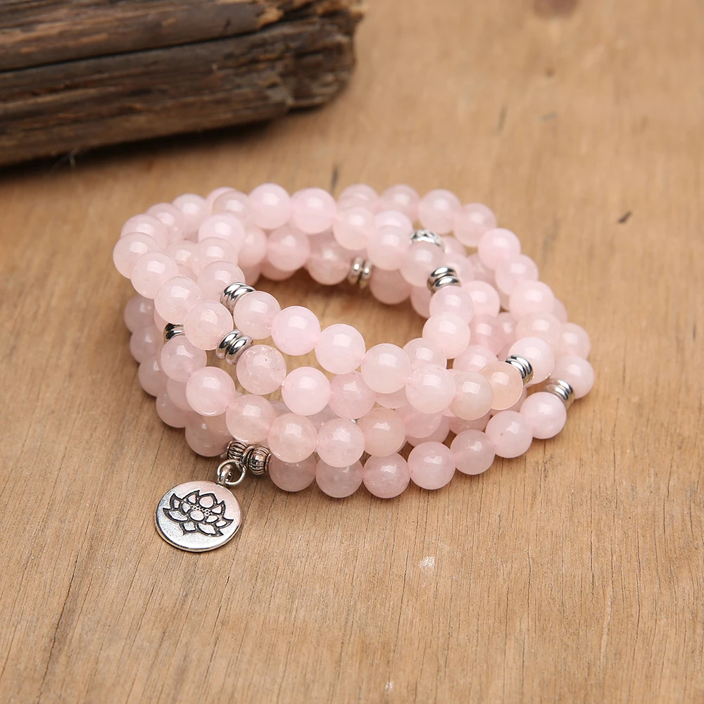 OAIITE 8mm Rose Quartz Natural Amazon Wrap Mala Bracelet Yoga Meditation Lotus Pendant Classic Charm Bracelet