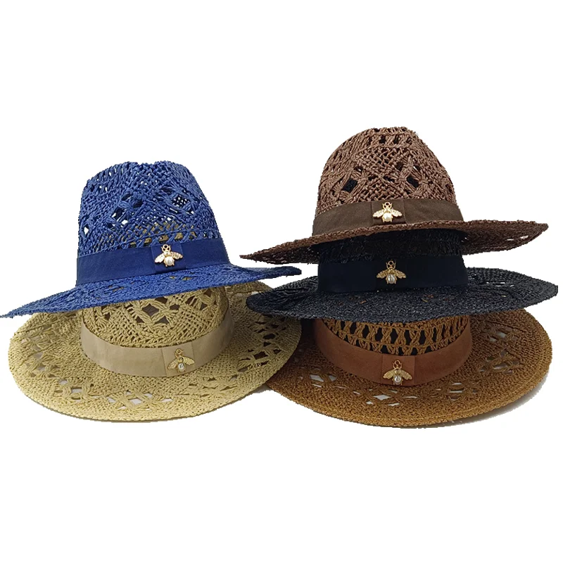 Sommer Biene Stroh Hut Strand Frauen Männer Cowboy Hüte Little Bee Aushöhlen Western Breite Krempe Sonnenhut Urlaub Kappe