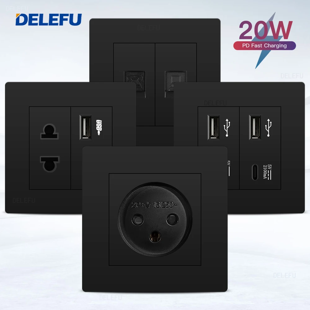 DELEFU Flame Retardant PC Panel 86mm Black Israel Standard USB Type C Fast Charging Wall Socket Switch TV Phone CAT5 CAT6