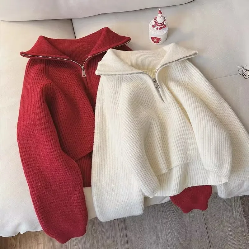 

Female Autumn Winter New Loose Fit Fashion Red Advanced Sense Knit Pullover Sweater Sweater Women Half High Neck Zipper Sweater