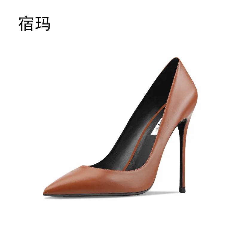 Brown leather high-heeled shoes for women, new pointed, shallow mouthed, slim heels, commuting style, fashionable single shoes
