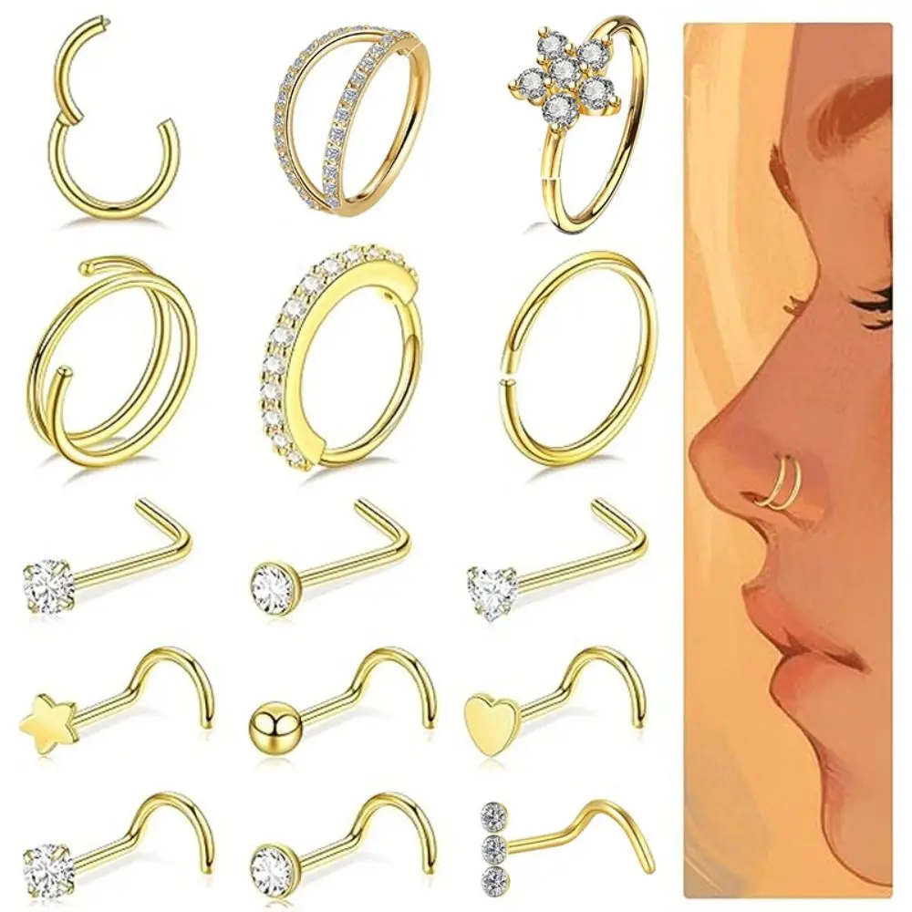 15Pcs Mixed Double Nose Rings L Ring Hoop Hypoallergenic Body Clips Hoop Rhinestone Nose Piercing Jewelry Piercing Studs Friends