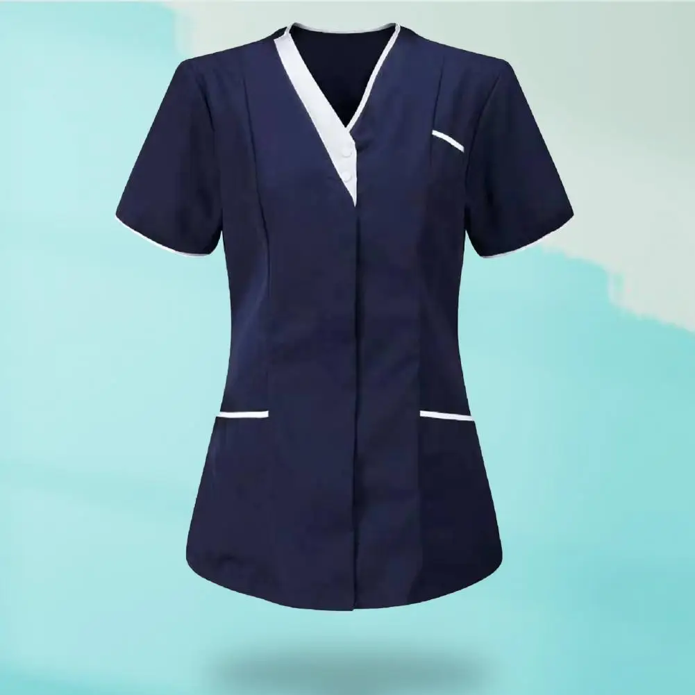 Women Work Uniform For Nursing Anti Shrink V Neck Short Sleeve Buttons Working T-shirt Solid Pockets Working Uniform T-shirt