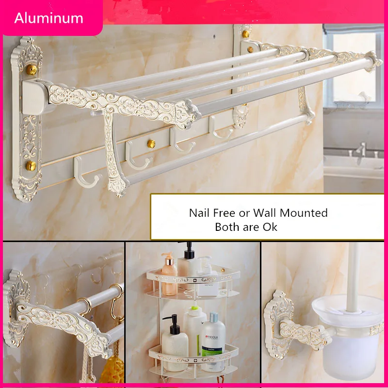 Bathroom Accessories Set Bathroom Shelf,Towel Rack,Paper holder,Toilet Brush Holder,hooks Carved Aluminum Bath Hardware Sets