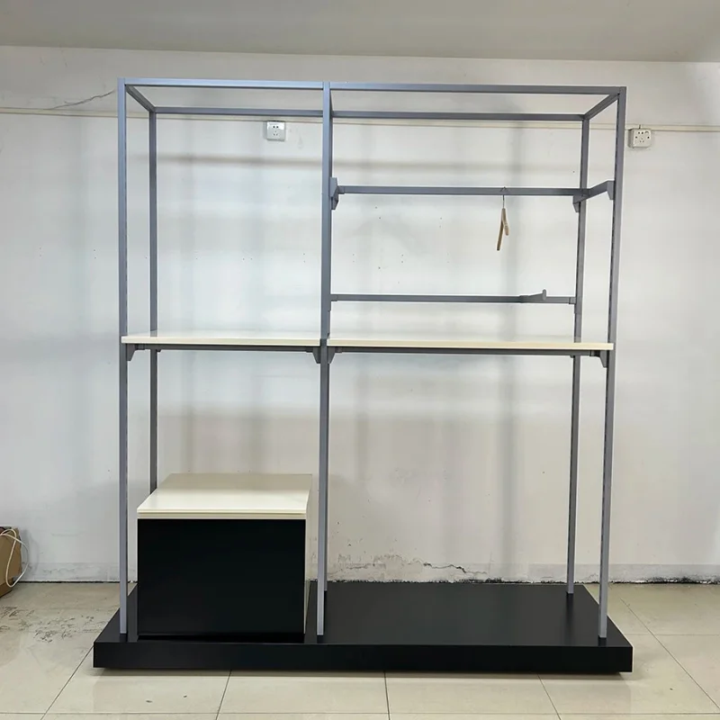 custom.Industrial Style Metal Clothing Display Rack with Shelves and Cabinet LED Lighting Customizable
