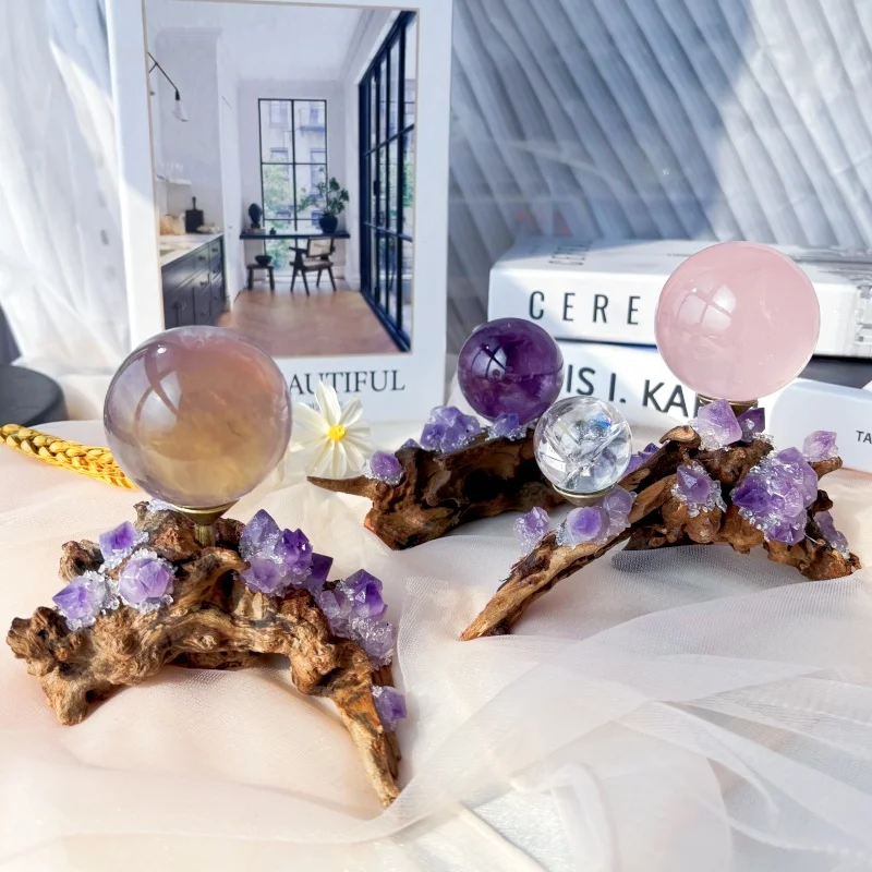 

Solid Wood Natural Amethyst Teeth Handmade Ball Base Crystal Ball Holder High-end Home Decoration Ornament Storage Rack