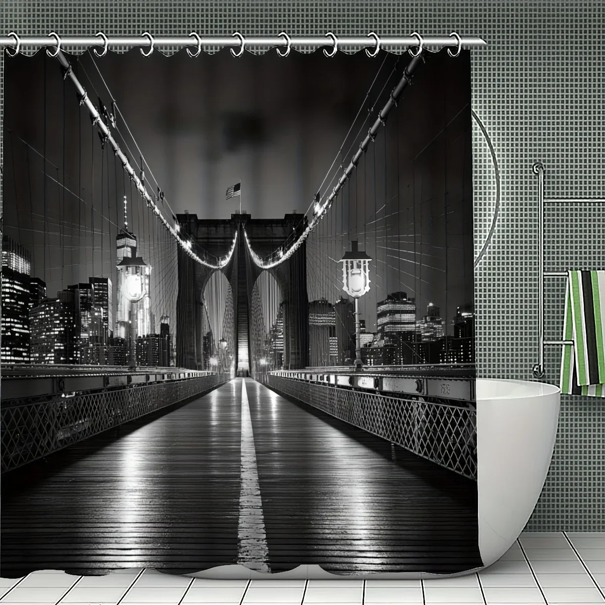 New York Brooklyn Bridge Night View Shower Curtain Machine Washable All Season Waterproof Privacy Protection Cityscape 12 hooks